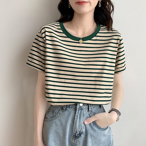 데일로엔 여성 라운드넥 줄무늬 반팔티셔츠: 세련되고 편안한 여름 패션