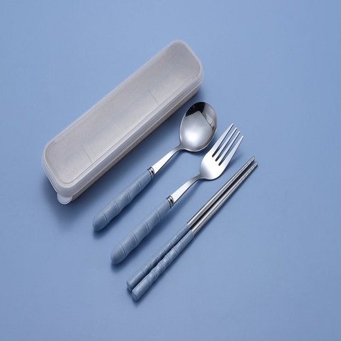 세 조각 스테인리스 밀 밀짚 식기 성인 숟가락 젓가락 포크 휴대용 귀여운 학생 여행용, 옵션3, 블루