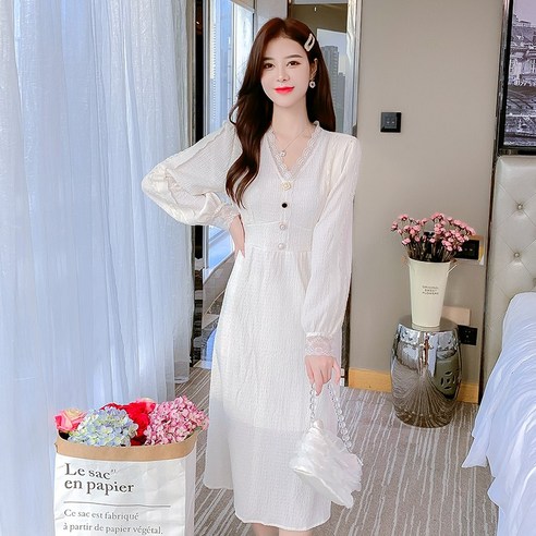 리얼 샷 가을 겨울 새로운 프랑스어 사교계 긴 드레스 여신 스타일 우아한 레이스 레이디 드레스