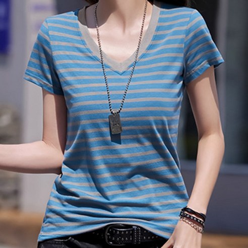 주디앤 여성 제이미 브이넥 단가라 반팔티셔츠