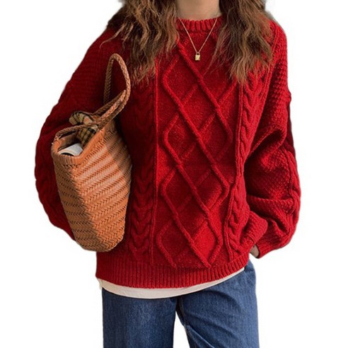 도오빠 레퓰리퓰 여성 스웨터 레드 꽈배기 니트 티셔츠 긴팔 겨울 상의 여자스웨터