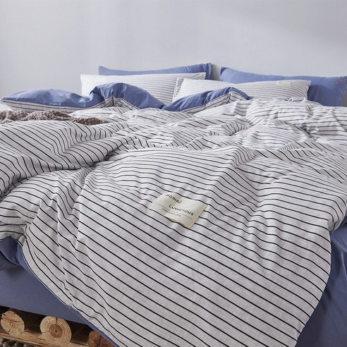 고밀도 워싱 면 줄무늬 단색 이불커버 4종 세트 침대 시트, 침대 커버, 블루 스트줄무늬