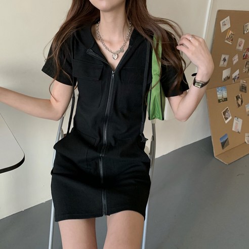 반팔 후드 집업 포켓 미니 원피스