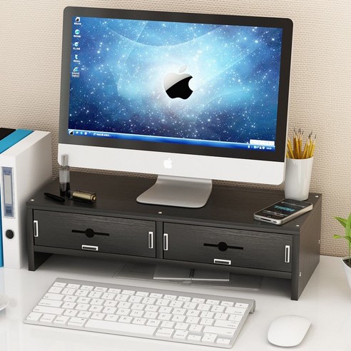 【Computer Rack】【컴퓨터 랙】자궁 경부 척추 보호 컴퓨터 디스플레이 화면 높은 선반 사무실 데스크탑 컴퓨터베이스 책 데스크탑 스토리지 랙, 더블레이어파티션블랙호두(2서랍)