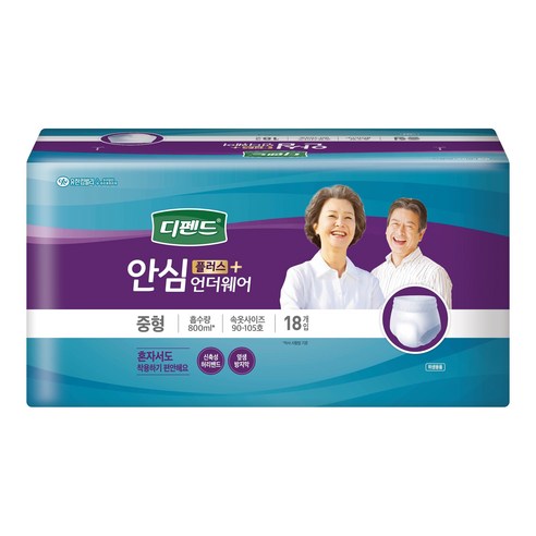 디펜드 남녀공용 안심플러스 요실금 팬티 언더웨어 성인기저귀 중형, 18개입, 1개