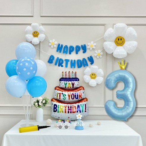 연지마켓 생일 파티 케이크 데이지 왕관 숫자 풍선 가랜드 세트, 1세트, 케이크 블루B 3