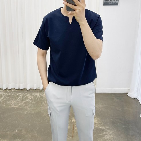 아도르클래식 브이 트임 헨리넥 부드러운 스판 반팔티