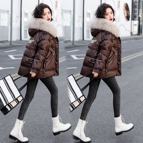 【DF】여성 밝은 얼굴 자켓 겨울 새로운 한국 스타일 느슨한 두꺼운 후드 자수 흰색 오리 재킷