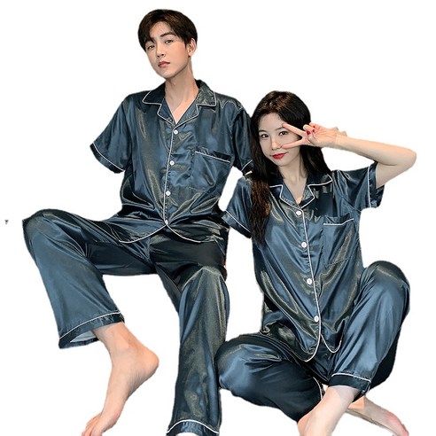 ANKRIC 파자마세트 여름 커플 잠옷 여춘추 얇은 실크 반팔 아이스 투피스 한국판 남성 홈웨어담는다.