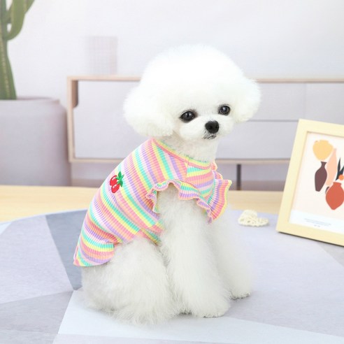 멍데이 강아지 스트라이프 앵두 티셔츠, 핑크