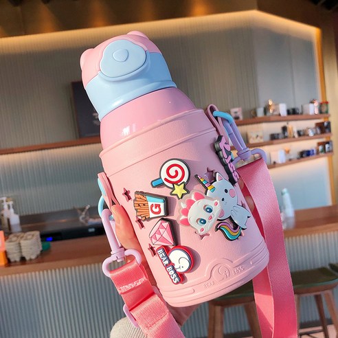 smy절연 컵 316 스테인레스 스틸 컵 크리 에이 티브 휴대용 소녀 학생 귀여운 Ins 짚 Crossbody 컵, 핑크 600 Ml/밀짚, 하나