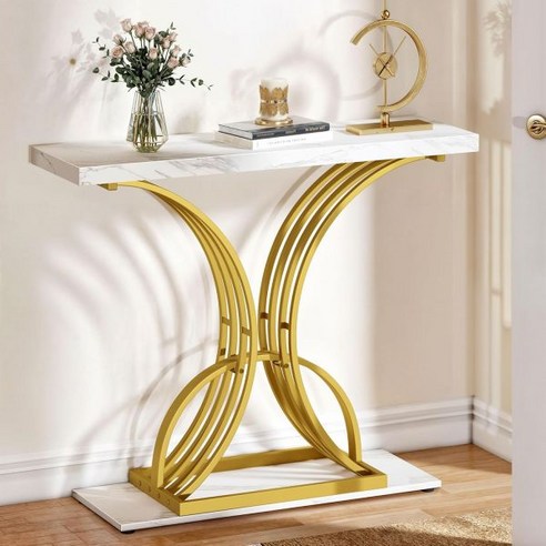 이타홈 골드 콘솔 테이블 모던 소파 거실 복도 40인치 좁은 진입로 인조 대리석 화이트, Faux Marble White