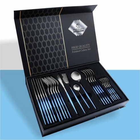 [아마존 히트 상품]포르투갈 24P 프리미엄 스테이크 나이프 포크+커스텀 사은품 식탁보, 블루골드-24 기프트 세트
