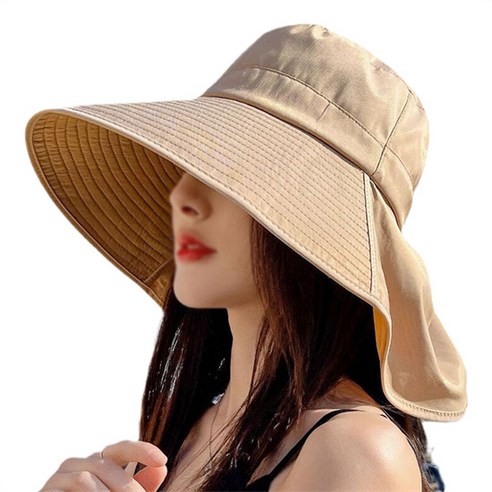 따봉오빠 여성 자외선 차단 여행 비치 넥 커버 와이드챙 벙거지 모자 YY5217, 베이지