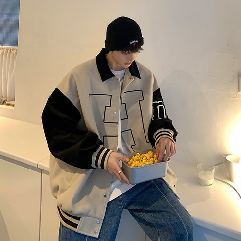 DFMEI 미국 야구 유니폼 남성 겨울 느슨한 코듀로이 스티치 재킷 패션 브랜드 홍콩 스타일 옷깃 빈티지 자켓