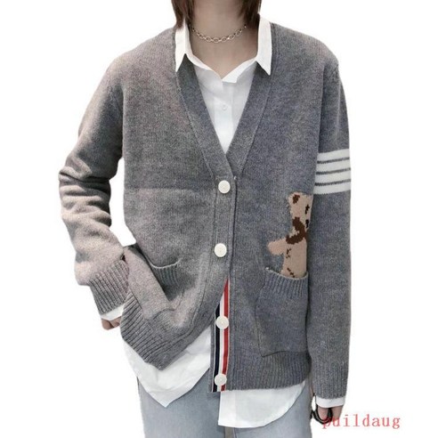 V 넥 긴 소매 니트 카디건 여성 만화 곰 줄무늬 4 바 스웨터 재킷