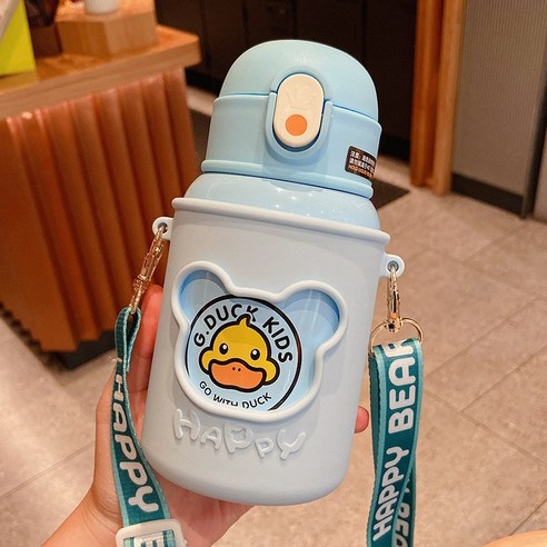 DFMEI 크로스 물컵 스트랩 주전자 리틀 텀블러 여 러블리 뷰티컵, 블루 라운드 오리, 450ml