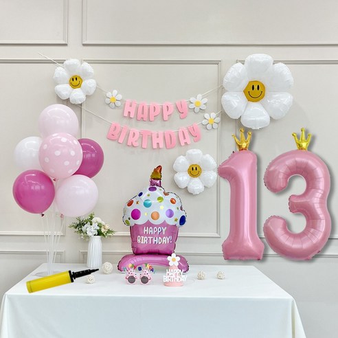 연지마켓 생일 파티 케이크 데이지 왕관 숫자 풍선 가랜드 세트, 1세트, 케이크 핑크A 13