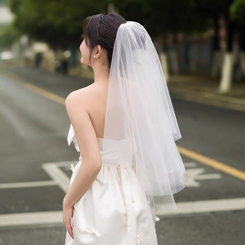 셀프웨딩 리본 면사포 베일 진주 촬영소품 브라이덜 샤워 숏 화이트, 1개, A.기본화이트2단