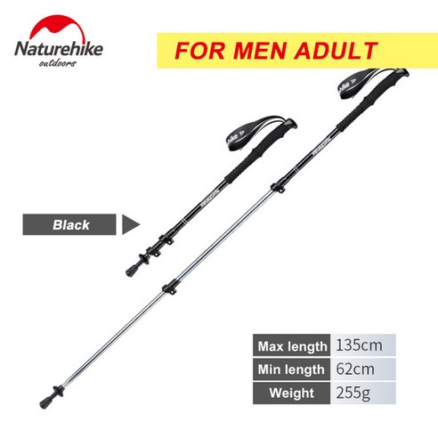 Naturehike-초경량 트레킹 접이식 폴 Alpenstocks 하이킹 워킹 스틱 캠핑 가족 야외 Alpenstocks, {"크기":"하나"}, 1Pcs Men Black