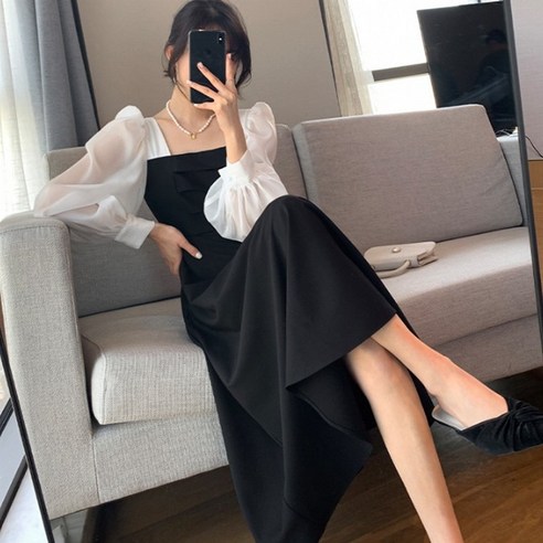 반 스퀘어넥 셔링소매 롱 원피스 스퀘어넥롱원피스 반 스퀘어넥 셔링소매 롱 원피스 스퀘어넥롱원피스