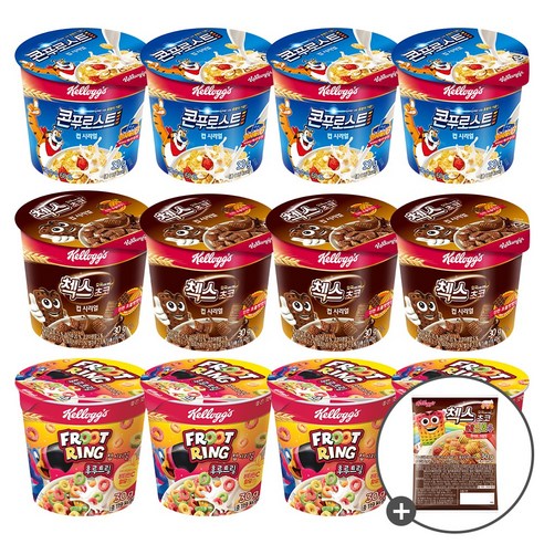 켈로그 컵시리얼 콘푸로스트30g x4개+후르트링30g x4개+첵스초코30g x4개 + 미니 시리얼 30g 증정, 1세트