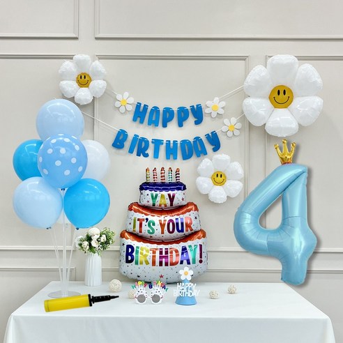 연지마켓 생일 파티 케이크 데이지 왕관 숫자 풍선 가랜드 세트, 1세트, 케이크 블루B 4