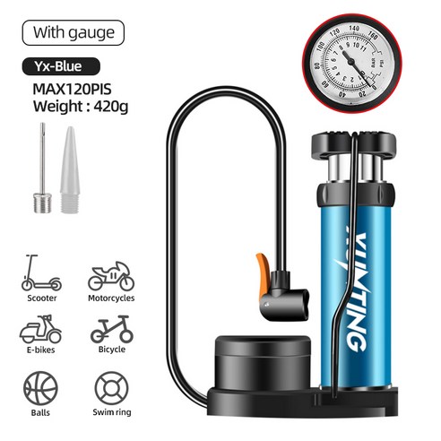 Xunting 120PSI 자전거 미니 풋 플로어 펌프 휴대용 자전거 타이어 펌프 압력 밸브가 장착된 핸드 자전거 펌프, YX 파랑색