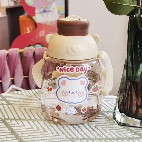 【휴대용 물병】귀여운 만화 플라스틱 컵 높은 생긴 큰 배꼽 컵 밀짚 대용량 남녀 스트랩 휴대용 주전자, 색깔10_단일 컵