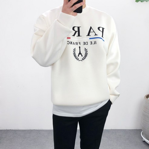엠클로 [당일출고] 남자 남성 오버핏 네오프렌 파리 레터링 자수 맨투맨 티셔츠
