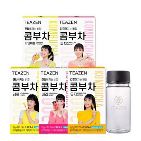 티젠 김태리 콤부차 5가지맛 혼합 50스틱 + 보틀증정 (레몬 피치 베리 유자 파인애플), 1세트
