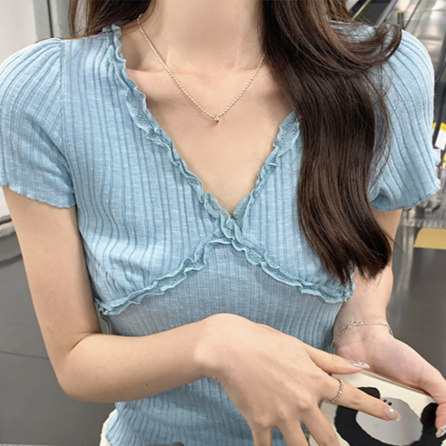 야오야오 여성용 골지 크롭 프릴 레이스 물결 반팔 니트