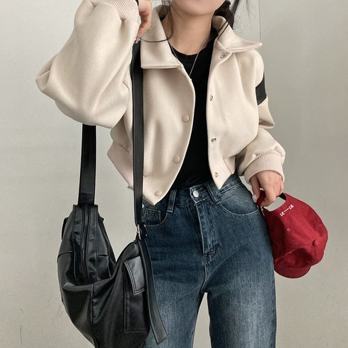 아워 셀럽 배색 바시티 모직 크롭 점퍼자켓