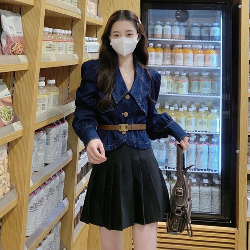 DFMEI.여자 데님 재킷.Denim jacket.벌룬 데님 코트 빈티지 프렌치 느낌 숏 터틀넥 긴팔 상의 습기