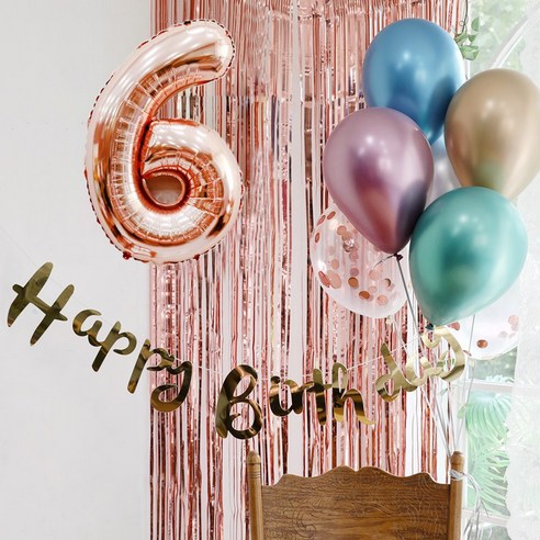 파티스토어 생일파티 4종세트 _ 홈파티세트 파티용품세트, 생일파티 4종세트(메탈크롬)_숫자풍선(로즈골드)_6