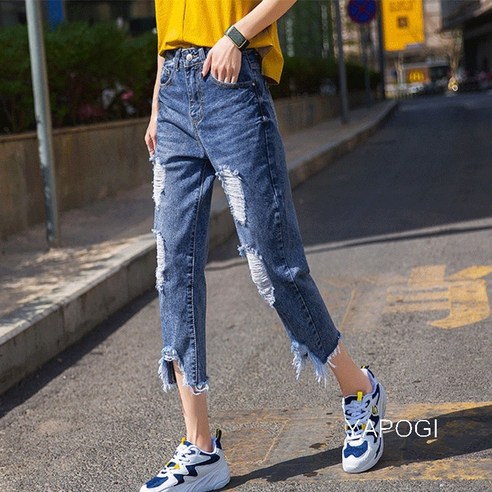 YAPOGI 라이트 컬러 청바지 여성 여름 얇은 느슨한 한국어 스타일 신입생 Bf 바지 찢어진 자른 하렘 바지 YAPOGI