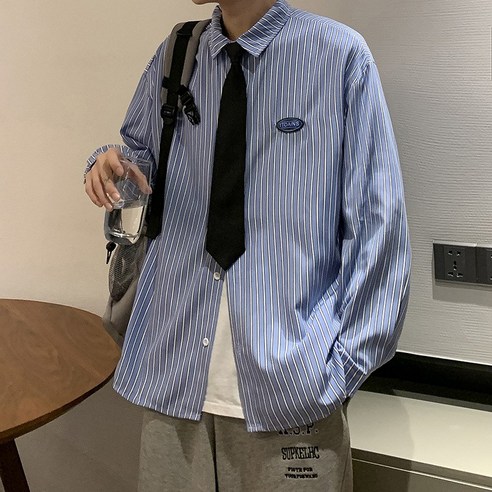 스트라이프 셔츠 남성 가을 새로운 느슨한 트렌드 긴팔 셔츠 홍콩 스타일 하라주쿠 스타일 잘 생긴 재킷