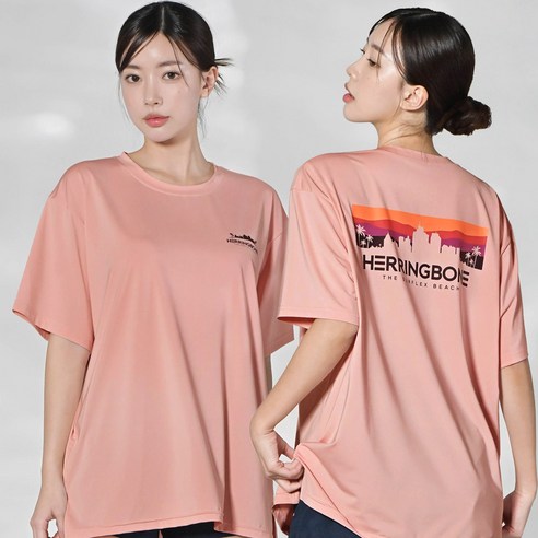 헤링본 남자 여자 루즈핏 반팔 래쉬가드 수영복 RH366, 코랄