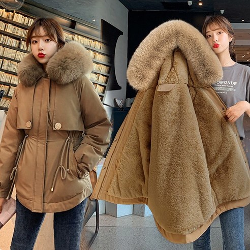 겨울 새로운 중간 길이 큰 모피 칼라 극복합니다 두꺼운 따뜻한 양털 안감 코튼 패딩 자켓 여성