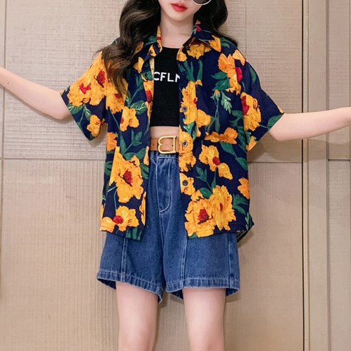 도오빠 다니룬 여아 투피스 여름 반팔 셔츠 하와이안 청바지 데님 팬츠 5부 휴가룩