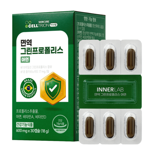 셀트리온 이너랩 면역 그린프로폴리스 아연 600mg×30캡슐 1박스 부모님선물 활성산소 제거효과, 30정, 1개