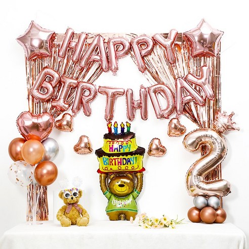 [피앤비유니티] 로즈골드(곰돌이)케익커튼형 생일풍선세트 숫자포함, 1세트, 02)로즈골드(곰돌이)2 케익커튼형 생일풍선세트