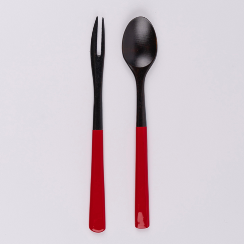 아이하시 옻칠 커트러리 다과용 티스푼 티포크, 레드, 1세트