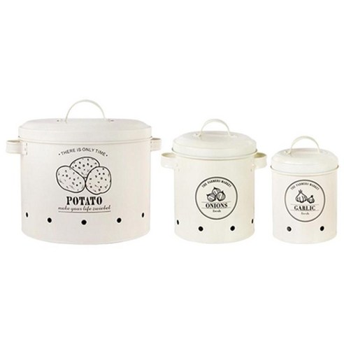 3Pcs 감자 양파 마늘 통 주방 보관 용기 2개의 손잡이가 있는 과일 냄비/보관 상자 주방 식품 용기 버킷, 하얀, 철