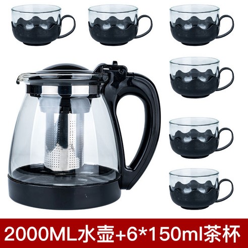 DFMEI 1000/2000ML 주전자 내열 방폭 유리 주전자 꽃 주전자 세트 대용량 차 주전자, DFMEI 2000ML 찻주전자 + 로터스 컵 6개, 1000ML 쌀알갱이 스틸커버 + 껍질 2개