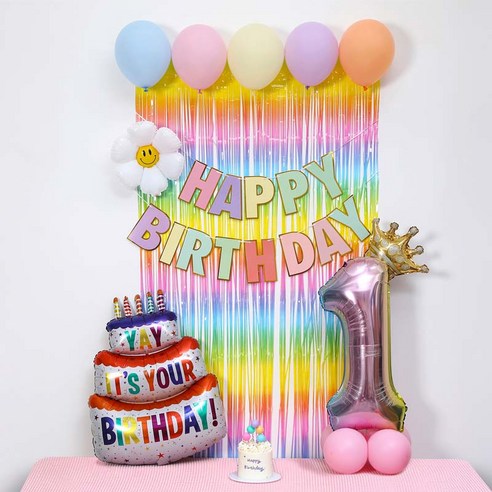 [피앤비유니티]스마일데이지 풍선스탠드 생일장식커튼세트 펌프포함, 1세트, 03-1)숫자기본형 마카롱커튼세트1
