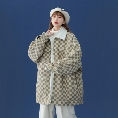 YY 양고기 면화 패딩 코트 여성 디자인 틈새 겨울 일본식 격자 무늬 면화 패딩 코트 겨울 의류 양털 늘어선 두꺼운 코튼 자켓