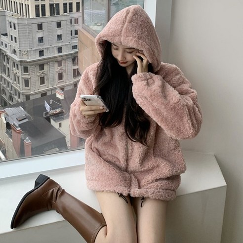 플러시 후드 코트 20121 가을 겨울 새로운 한국어 스타일 따뜻한 겉옷 두꺼운 느슨한 중간 길이 코트
