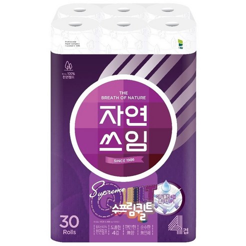 자연쓰임 천연펄프 수프림퀼트 화장지 4겹 30롤, 1개, 30개입