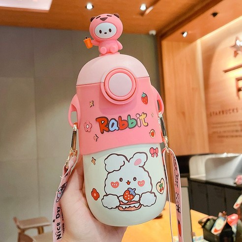 [LM] 500ml Kawaii 토끼 보온병 귀여운 스테인레스 스틸 보온병 물병 빨대와 절연 차가운 음료 컵, Pink A